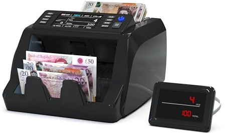 Detectalia V10 Banknotenzähler mit UV/MG/IR/MT/DD Erkennung, 3,5” TFT-Display + Externes Display, Gesamtwert, Batch & Add, 1000 Scheine/Minute, Kompatibel mit EUR/GBP/CHF/USD/SEK/DKK/PLN/TRY/AED/SAR