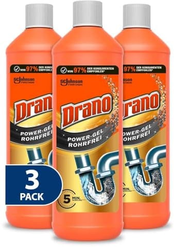 Drano (Mr Muscle) Extra Stark, Power Gel Rohrfrei Abflussreiniger, Rohrreiniger, für Küche & Bad, entfernt Verstopfungen, 3er Pack (3 x 1000 ml)