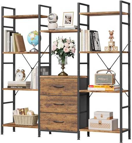 OYRREU Bücherregal mit 3 Schubladen, 100x142cm Standregal Raumteiler Regal | Regal Industrial Style, 10 offene Fächer, 3 Stoffschubladen, 142cm Hoch, Raumteiler für Wohnzimmer Schlafzimmer Büro Regal