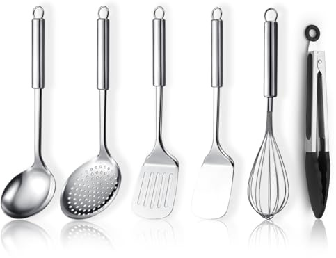 ReaNea Edelstahl Kochutensilien Set 6-teilig, Küchenwerkzeug Set enthält Metallspatel-Set, Skimmer, Schöpfkelle, Zange, Schneebesen, Küchenhelfer Essentials neues Zuhause muss haben
