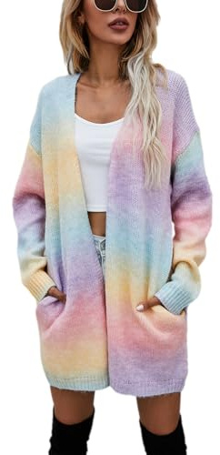 Jamron Damen Moda Tie-Dye Regenbogen Lange Strickjacke Leichtgewicht Cardigan Strickmantel