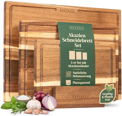 EDELHAUS Schneidebrett Holz 3er Set (40x30cm / 33x24cm / 26x18cm) Holzschneidebrett aus Massiver Akazie - 2cm dicke Holzbretter Küche mit Saftrille - Design Cutting Board Schneidbrett Set