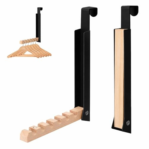 JYYWTSI Türgarderobe klappbar 2er Set, zum Einhängen, Türhaken 6 Kleiderbügel, Türhaken Klapphaken Metall & Holz Türhänger Ohne Bohren Türgarderobe für 2 cm Türfalz Türhakens zum Einhängen