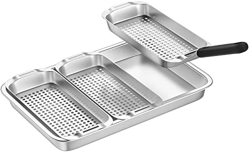 G.a HOMEFAVOR Grillkorb Set, Edelstahl Gemüse, Fleisch Grillschale/Grill Gemüsekorb BBQ Grill-Zubehör für Fisch, Enthält 3 Edelstahl-Grillkörbe mit Löchern, EIN Serviertablett und Hebegriff