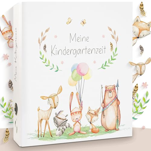 OLGS Sammelordner Meine Kindergartenzeit | Erinnerungsordner, Kindergartenordner Tiere | Ordner für Kinder, Sammelmappe, Kindergarten, Einschulung, Ringordner, Aktenordner DIN A4 - Cute Boho Freunde