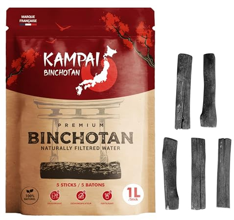 KAMPAI Aktivkohle für Wasser | Filter bis zu 4,5 l / Stab | Binchotan natürlich | Vegetal Bio Filterkaraffe – 6 Monate Reinigung Leitungswasser Flasche Glas Trinkflasche (5 Stäbchen x 1 l)