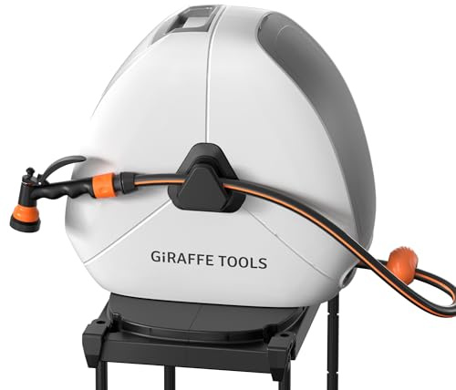 Giraffe Tools Ausziehbare Schlauchtrommel mit 30 m, Robuste Bodenmontage, Gartenschlauchtrommel, mit 7-Funktions-Sprühdüse und 360° Flexiblem Drehsockel