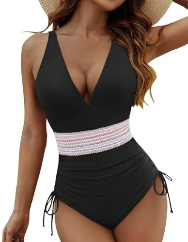 LUNNTE Damen Badeanzug Bauchweg Einteiliger V Ausschnitt Hoch Taillierte Monokini Schlankheits Badeanzüge für Frauen Bademode Swimsuit Herausnehmbare Softpads (Schwarz, M)