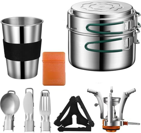 Camping Kochgeschirr Mess Kit 304 Edelstahl Camping Kochset | Backpacking Kochen Set Backpacking Ausrüstung mit Mini Herd für Camping, Backpacking, Picknick, Wandern
