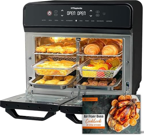 HYSapientia 22L heißluftfritteuse 2 kammern XXL Minibackofen mit Umluft,LED-Touchscreen,10 Programmen, Heissluftfritteuse Dual Zone airfryer Oven,Zwei Kochmodi mit Teilerplatte,Edelstahl,Rotisserie
