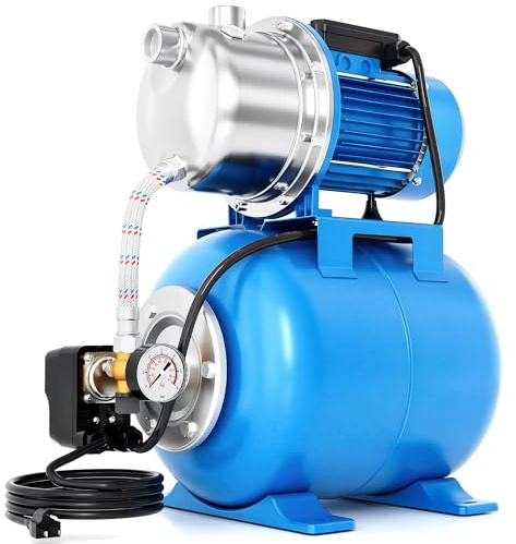 FOTING Hauswasserwerk INOX aus Edelstahl 1100 W, Fördermenge 4600 l/h, Förderhöhe bis 45 m, max. 4,5 bar Druck mit Manometer, 24 L Kessel, robuster Betrieb für Haus & Garten, sicher mit Überlastschutz