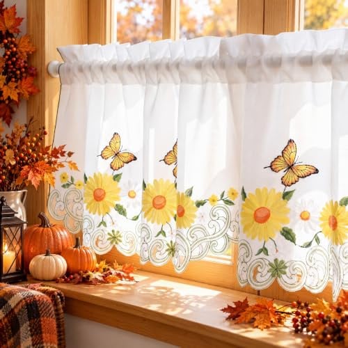 Molaxhome Schillernd Bestickt Scheibengardinen Kurzstores Fenster Valance | Blickdicht Küchengardinen, Kurz Bistrogardine,Bestickt Fenstervorhang ,Küche Vorchänge, Fensterschal ,146x35cm