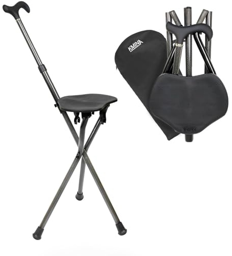 KMINA Gehstock Carbon mit Sitz, Höhenverstellbarer Sitzstock aus Kohlefaser, Faltbarer Spazierstock Leicht mit 3 Füßen, Mobiler Klappsitz mit Tasche - Modell PRO
