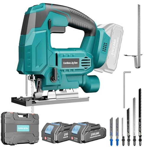 SINGTIP Akku Stichsäge Kompatibel mit Makita 18V Batterie, Elektro Stichsägen für ±45°Gehrungsschnitt 2900RPM mit 3 Pendelhub Einstellungen, 6 Sägeblätter für Holz/Metall/PVC, 2×2.0Ah Akkus