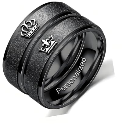Personalisierte Frosted Crown Paar Ringe König Königin gravierte Eheringe | Matt mattiert, benutzerdefinierte Gravur, passender Ring für Paare, Verlobungsgeschenk, Edelstahl, Schwarz Silber Gold, 6 mm