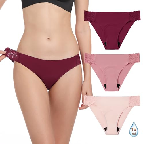 OEIOEI Perioden Unterschwäsche Leichte Blutung Menstruation Slip Spitze Periode Unterhose 3er Pack (L, Hellrosa/Bohnenpaste/Weinrot)