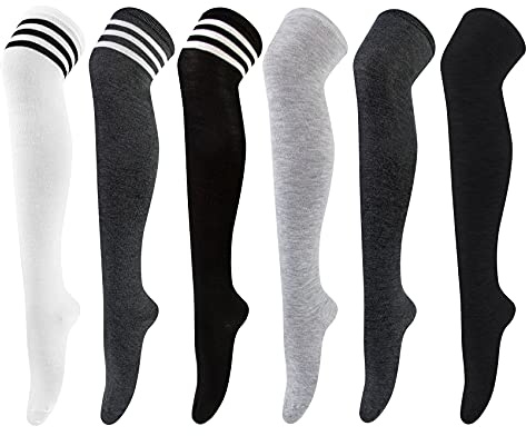 Chalier Cozy 6 Paar Kniestrümpfe Damen, lässige Overknee-Strümpfe, weiche, dehnbare lange gestreifte Überknie-Socken für den Alltag, Einheitsgröße（Dunkelgrau, hellgrau, schwarz, gestreift）