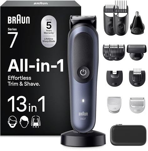 Braun Multigroom All-in-One Series 7, 13-in-1 Trimmer-Set 7, AIO7565, Blau - Barttrimmer, Nasenhaartrimmer, Haarschneidemaschine für Gesicht, Kopf und Körper, 14 Längen, 120 Min. Akku, Wasserdicht