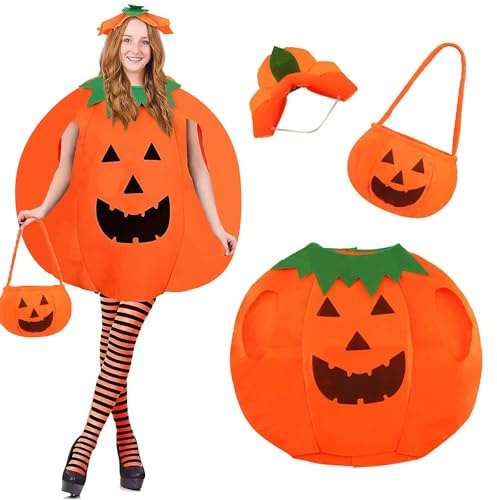 DERAYEE Kürbis Kostüm,Halloween Kürbiskostüm mit Pumpkin Candy Bag für Halloween,Karneval,Cosplay