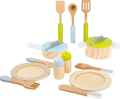 small foot Geschirr- und Topfset Kinderküche aus Holz, perfekte Ergänzung zu jeder Spielküche, 15-teilig, 11098