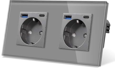 CNBINGO Steckdose mit 2x USB-C/A, 20W Schnellladen, 2-Fach Grau Glas | Schuko Steckdose Unterputz mit USB-Schnellladung, Wandsteckdose mit Kindersicherung, Horizontal oder Vertikal, Glasrahmen
