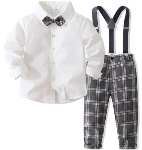 FAIRYRAIN 2-Teiliges Kleinkind Jungen Babyanzug Gentleman Kinder Langarm Hemd + Hose mit Träger Anzug Kleidung Se