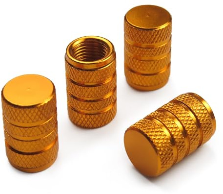 Pitlane Performance® Alu Ventilkappen 4 Stück Ventildeckel; Aluminium Auto-Reifen Schrader-Ventil; Ventilabdeckung Reifenventil-Kappen PKW SUV Motorrad Fahrrad (Gold, Komfort)