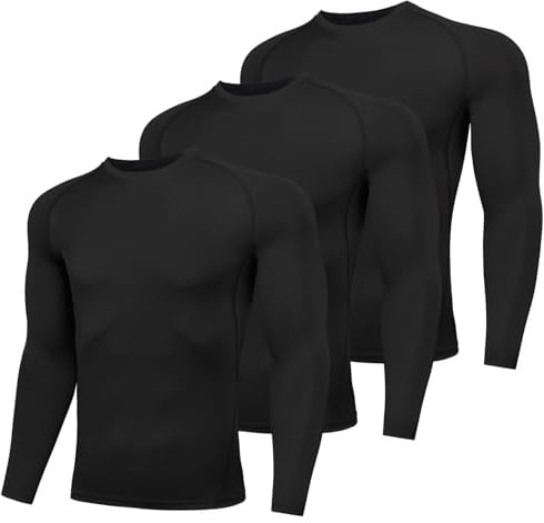 AMZSPORT Kompressionsshirt Herren Langarm Funktionsshirt Sportshirt Schnelltrocknend Laufshirt, 3er Pack Schwarz L