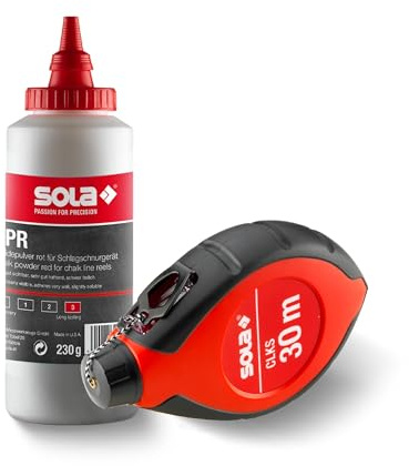 Sola CLKS Schlagschnur Set Rot - 30 m Markierschnur mit Kreide ROT [230 g] im praktischen Set - schneller Schnureinzug durch 6:1 Getriebe - großes und robustes Kunststoffgehäuse