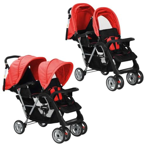vidaXL Tandem-Kinderwagen Stahl Rot und Schwarz