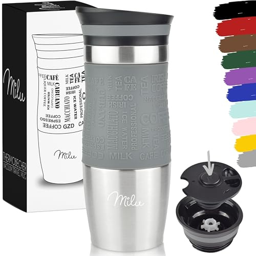 Milu Thermobecher 370ml 450ml Isolierbecher Kaffeebecher to go - 100% Auslaufsicher - Trinkbecher aus Edelstahl - Autobecher doppelwand Isolierung - Thermo Becher - Travel Mug (Grau, 370ml)