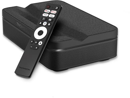 Thomson Sirius PG55B Full HD Beamer, Smart RGB Laser Projektor, Ultra-Kurzdistanz, Google TV, 600 ANSI Lumen, Autofokus, Projektion an die Decke, HDR10+, Dolby Digital+, integriertem Akku