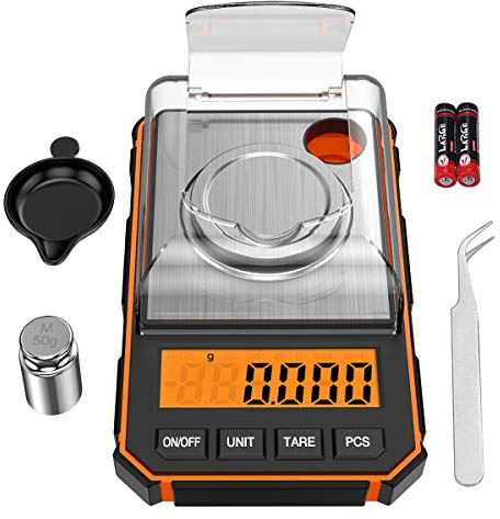 Feinwaage 50g / 0,001g, ORIA Digitale Milligramm Waage mit Gewichte, Orange | Digitale Taschenwaage mit LCD-Anzeige, Lab Digitale Waage, Tragbare mit Wiegeschale, Kalibriergewichten und Pinzette