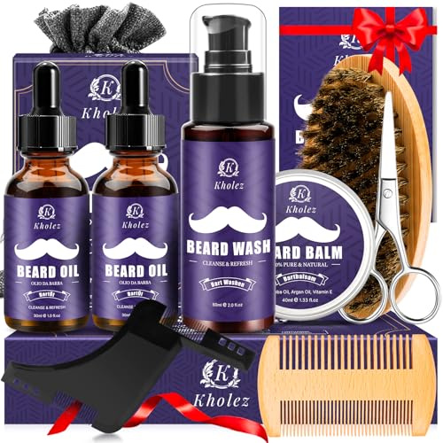 Bartpflege Set für Männer, KHOLEZ Vatertagsgeschenk für Papa – 10-in-1 Bartpflege Herren Set mit Bartshampoo (60ml), 2x Bartöl (30ml), Bartbalsam, Kamm, Bürste & Schere, Geschenk für Männer