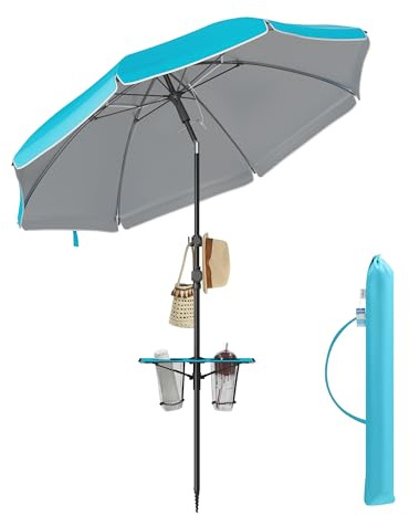 SONGMICS Sonnenschirm 160 cm, Strandschirm, Sonnenschutz UPF 50+, beidseitig um 30° knickbar, höhenverstellbar, Ablagefläche, Haken, für Strand, Garten, ohne Ständer, blau GPU0080Q01