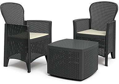 Gartenset mit Kissen, 2 Sesseln und 1 Outdoor-Container-Tisch, Made in Italy, Farbe Anthrazit