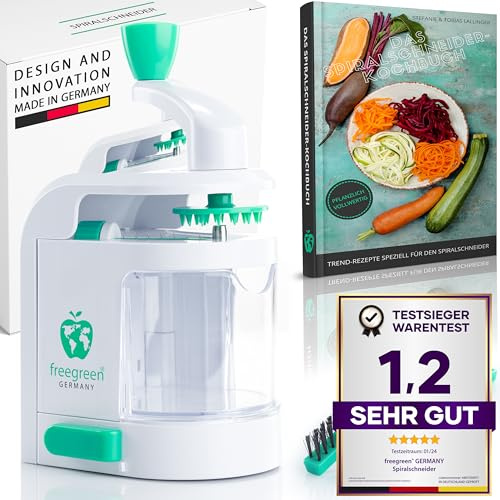 freegreen® GERMANY Spiralschneider mit Auffangbehälter [inkl. Kochbuch] I Ein Zoodle Maker, der begeistert I Zaubere Dir Dein Traumgericht aus Obst- & Gemüsenudeln