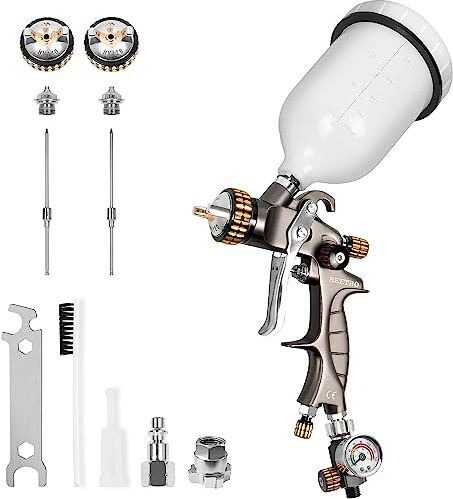 BEETRO HVLP Spritzpistolen Set, 1,4mm und 1,8mm Düsen für Autolackierung | 600ml Becher, 14,5 CFM, 30-43 PSI, 1,4 und 1,8mm Edelstahldüsen, Typ 2 Adapter, Luftventil und Filter inklusive