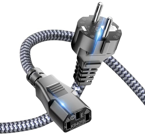 Goalfish 2,0m Kaltgerätekabel 3 polig Typ F Schutzkontakt auf C13, Nylon | Robust, Stromkabel Netzkabel Kaltgerätestecker Mit VDE, Für TV PC Computer Monitor Bildschirm Drucker Beamer Projektor etc