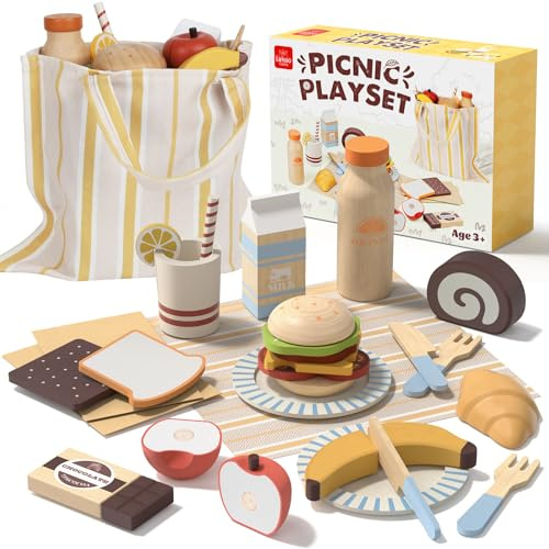 Lehoo Castle Kinderküche Zubehör, Kaufladen Zubehör Holz, Spielküche Zubehör, Spielzeug ab 3 Jahre, Picknickspielzeug, Holzspielzeug, Mädchen Geschenke 3 Jahre
