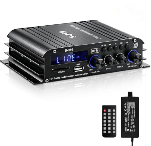 HiFi Verstärker mit Bluetooth, S-299 4.1-Kanal RMS 40Wx4+50W | Max 800W Bluetooth5.0 Mini Audio Verstärkers Subwoofer Verstärker mit USB SD Slot, AUX DC 12V/5A für Heimlautsprecher
