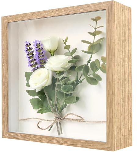 3D Bilderrahmen zum Befüllen 22 x 22cm, tiefer 3cm Holz Objektrahmen für Wand & Desktop, 3D Objektrahmen für Hochzeitsstrauß, DIY Kunstwerke & Bilderrahmen für Dekoration（Holzfarbe）