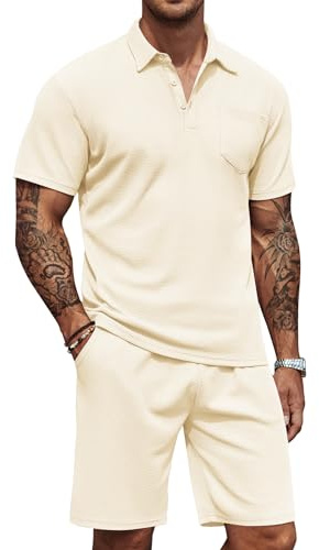 COOFANDY Herren 2-teiliges Outfit Waffelstrick-Poloshirt und Shorts Set, Beige, Small