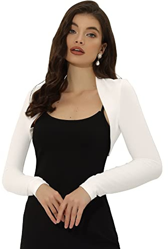 Allegra K Women's Crop Bolero Cotton Elegant Solid Color Long Sleeve Shrug | Cropped-Bolero für Abendkleid, Hochzeit, halbformell, elegant, vertuschen Sie das Kleid