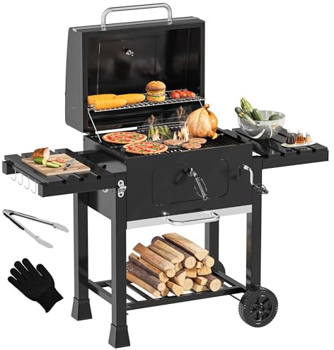 YITAHOME XXL Grillwagen Smoker Holzkohlegrill mit Gusseisenrost & Emaille-Pfanne - Mobiler BBQ Grill für Garten, Camping, Outdoor - Inkl. Thermometer, Küchenzange, Grillhandschuh, Robustes Design