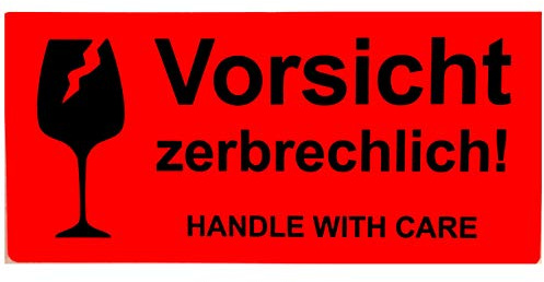 BT-Label 250 Warnetiketten „Vorsicht zerbrechlich! – Handle with care“ | 10,2 x 4,8 cm | Neon-Leuchtrot Aufkleber in Lagen gelegt | Paketaufkleber für Umzug & Versand