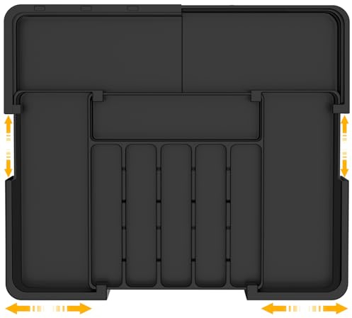 ROELLY Besteckkasten für Schubladen, Besteckeinsatz Mit 9 Fächern, 37 X 33 cm Großer Silikon-Besteckeinsatz für Schubladen, Zur Aufbewahrung Von Küchenbesteck, Schubladenaufbewahrung, Schwarz