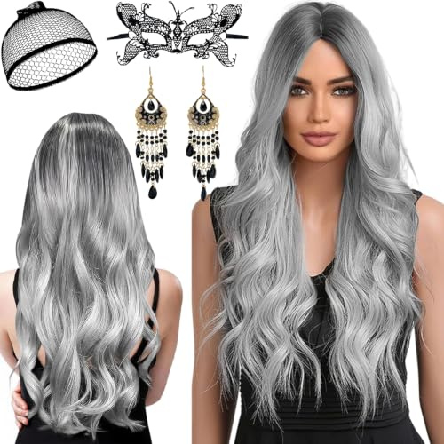 Waziwe Halloween Perücke Damen, 68 cm Lange Perücke Grau mit Haarnetz | Perücke Grau mit Haarnetz für Perücke Halloween Damen, Cosplay, Maskerade, Karneval, Weihnachten, Perücke Fasching