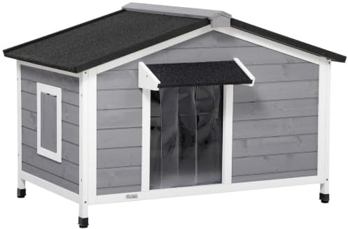 PawHut Hundehütte Outdoor Erhöht für kleine Hunde 109 x 79 x 72 cm Grau | Hundehaus aus Holz, zu öffnendes Asphaltdach, abnehmbarer Boden, Wasserdichte Hundehöhle Hütte, draußen