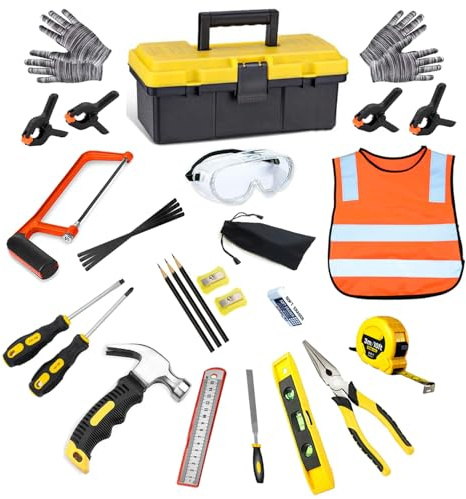 QeeHeng Kinder-Werkzeug-Set, Holzbearbeitungswerkzeug-Set, 30 Stück Baumeister Kinder Echte Handwerkzeuge Kit BAU Lernen Zuhause DIY Spielen für Anfänger Lernen Geschenk